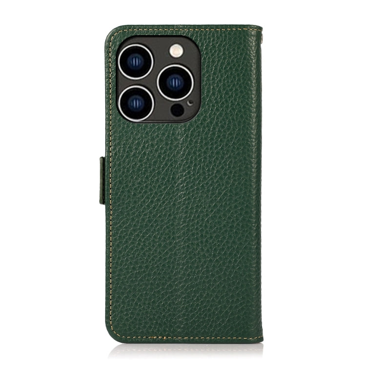 For iPhone 15 Pro KHAZNEH Side-Magnetic Litchi Genuine Leather RFID Phone Case(Green) - HoMEdemic™ 