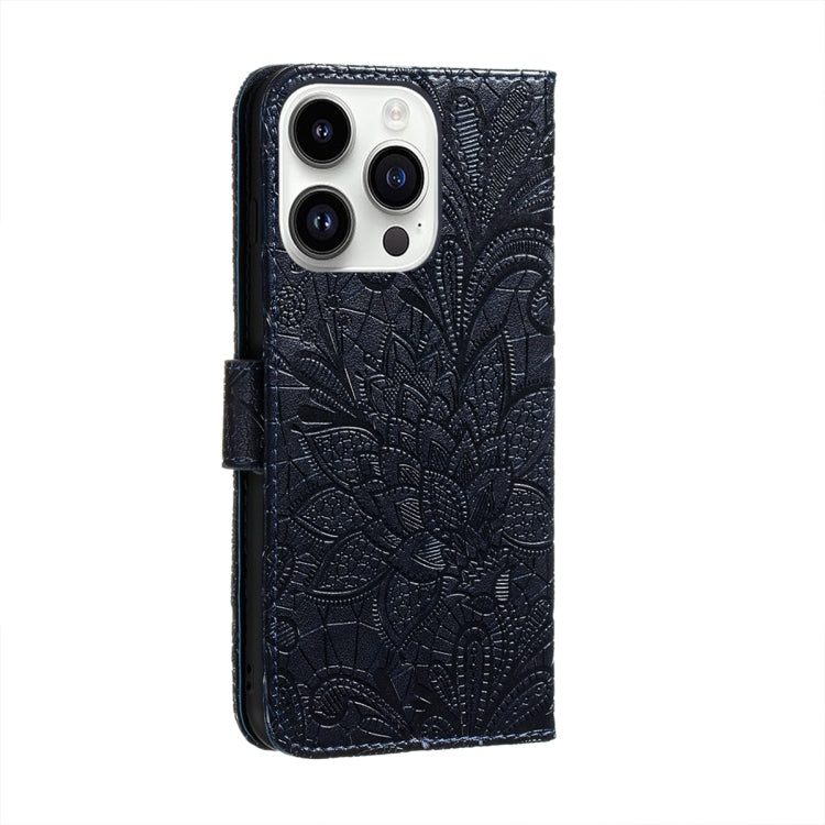 For iPhone 15 Pro Lace Flower Embossing Flip Leather Phone Case(Dark Blue) - HoMEdemic™ 