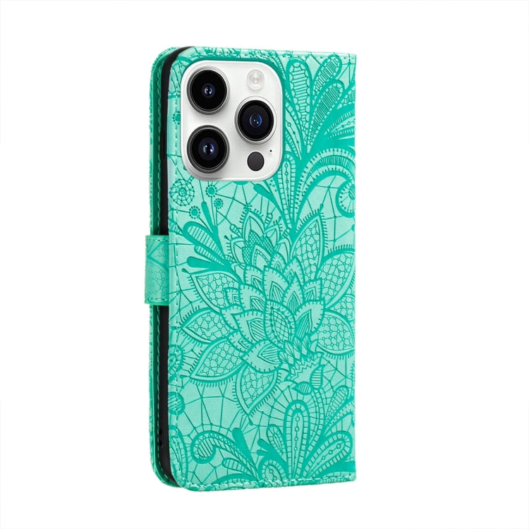 For iPhone 15 Pro Lace Flower Embossing Flip Leather Phone Case(Green) - HoMEdemic™ 