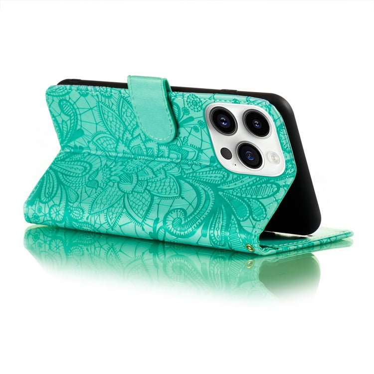 For iPhone 15 Pro Lace Flower Embossing Flip Leather Phone Case(Green) - HoMEdemic™ 