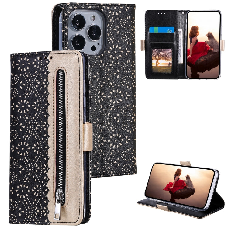 For iPhone 15 Pro Lace Pattern Double Button Zipper Leather Phone Case with Lanyard(Black) - HoMEdemic™ 