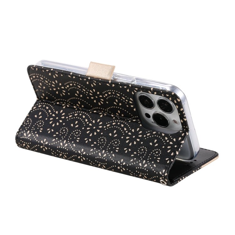 For iPhone 15 Pro Lace Pattern Double Button Zipper Leather Phone Case with Lanyard(Black) - HoMEdemic™ 