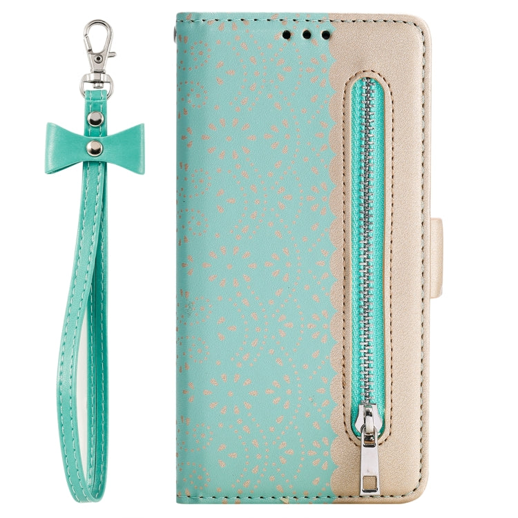 For iPhone 15 Pro Lace Pattern Double Button Zipper Leather Phone Case with Lanyard(Green) - HoMEdemic™ 