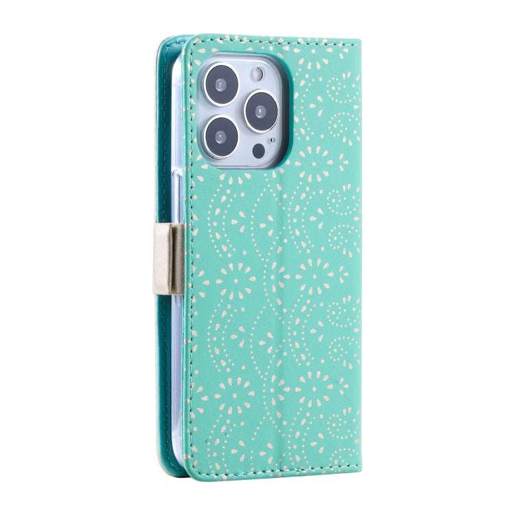 For iPhone 15 Pro Lace Pattern Double Button Zipper Leather Phone Case with Lanyard(Green) - HoMEdemic™ 