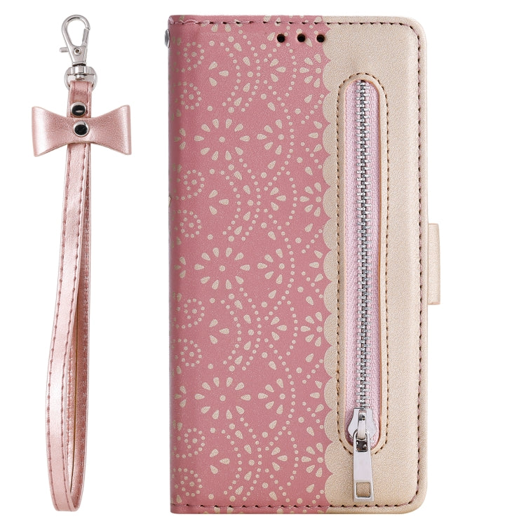 For iPhone 15 Pro Lace Pattern Double Button Zipper Leather Phone Case with Lanyard(Rose Gold) - HoMEdemic™ 