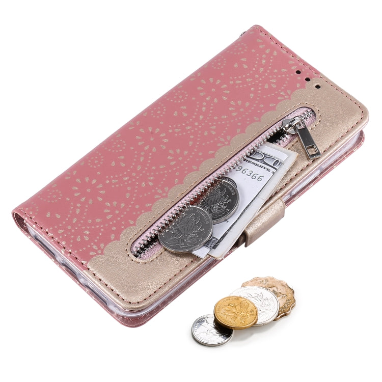 For iPhone 15 Pro Lace Pattern Double Button Zipper Leather Phone Case with Lanyard(Rose Gold) - HoMEdemic™ 