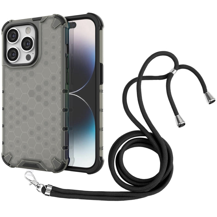 For iPhone 15 Pro Lanyard Honeycomb Phone Case(Black) - HoMEdemic™ 