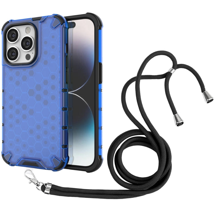 For iPhone 15 Pro Lanyard Honeycomb Phone Case(Blue) - HoMEdemic™ 