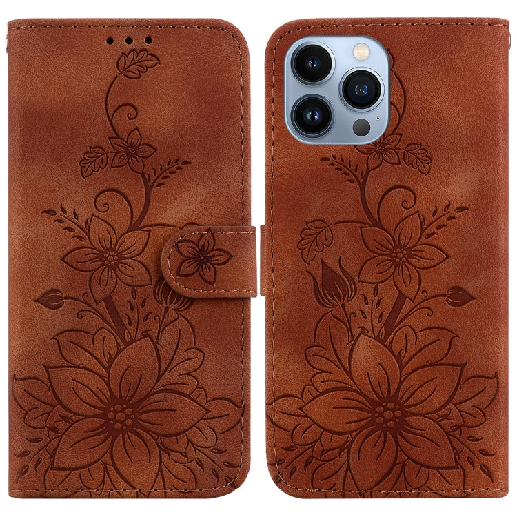 For iPhone 15 Pro Lily Embossed Leather Phone Case(Brown) - HoMEdemic™ 