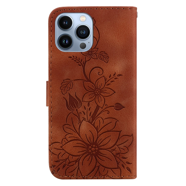 For iPhone 15 Pro Lily Embossed Leather Phone Case(Brown) - HoMEdemic™ 