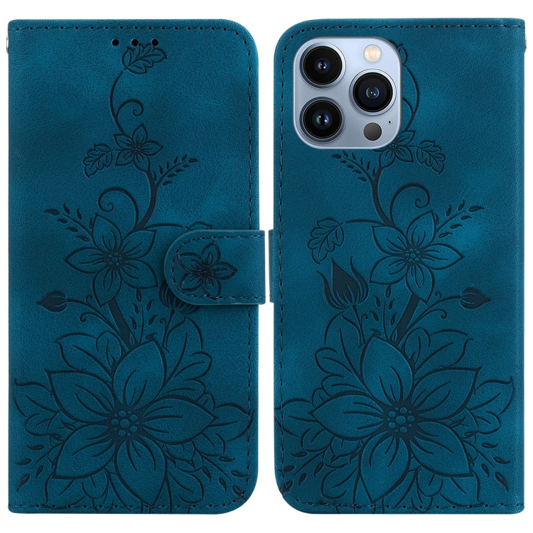 For iPhone 15 Pro Lily Embossed Leather Phone Case(Dark Blue) - HoMEdemic™ 