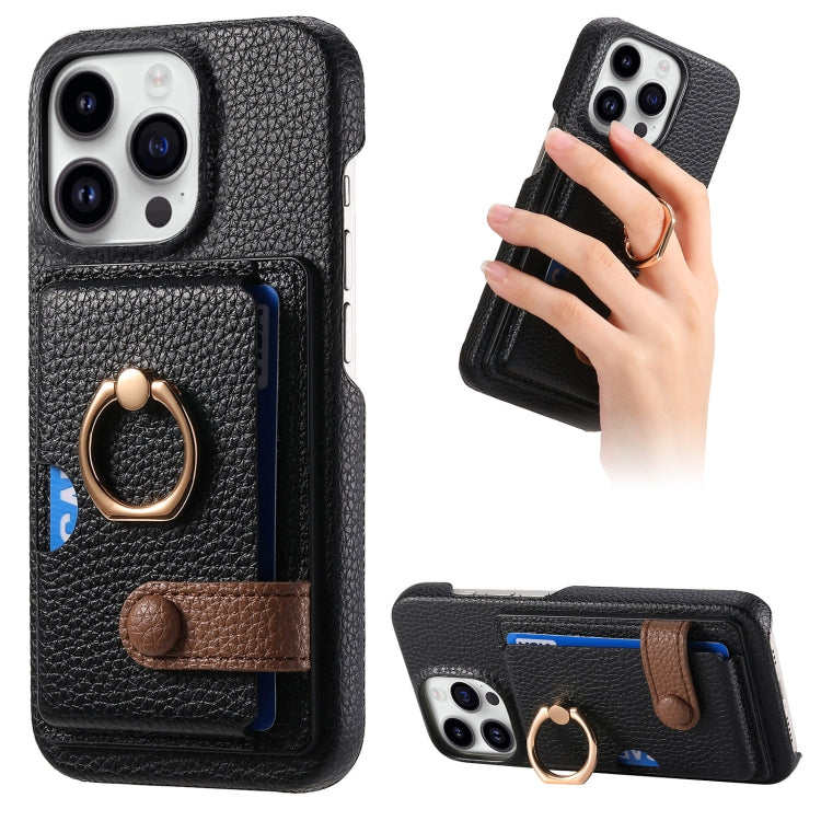 For iPhone 15 Pro Litchi Leather Oil Edge Ring Card Back Phone Case(Black) - HoMEdemic™ 