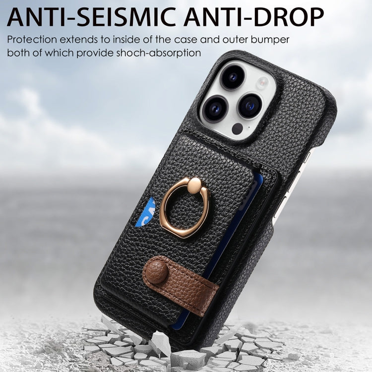 For iPhone 15 Pro Litchi Leather Oil Edge Ring Card Back Phone Case(Black) - HoMEdemic™ 