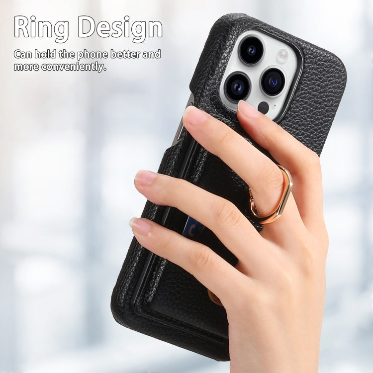 For iPhone 15 Pro Litchi Leather Oil Edge Ring Card Back Phone Case(Black) - HoMEdemic™ 