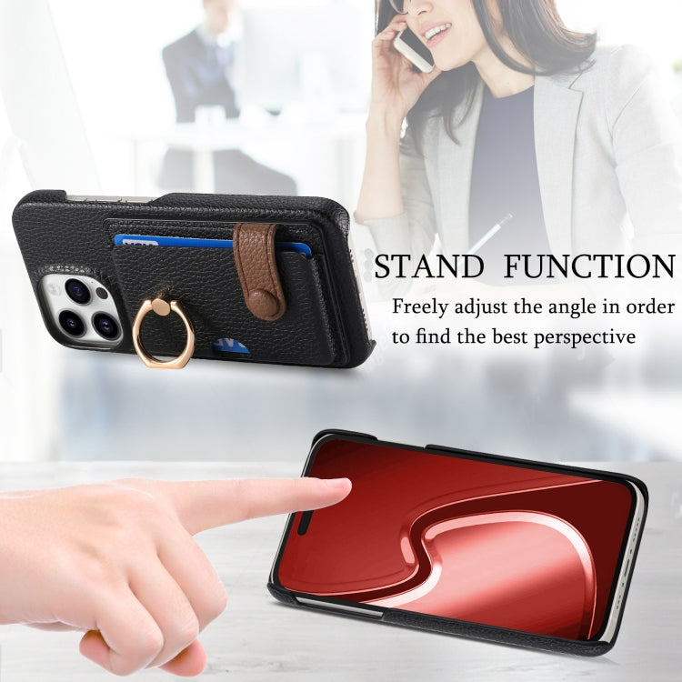 For iPhone 15 Pro Litchi Leather Oil Edge Ring Card Back Phone Case(Black) - HoMEdemic™ 