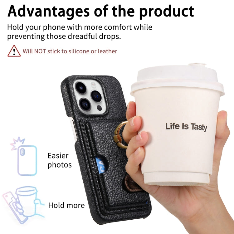 For iPhone 15 Pro Litchi Leather Oil Edge Ring Card Back Phone Case(Black) - HoMEdemic™ 