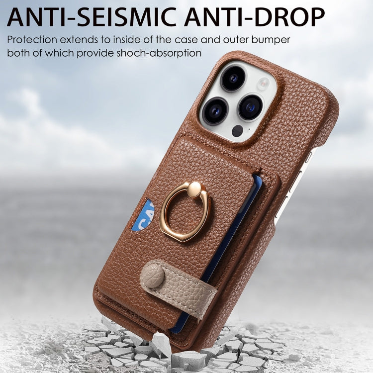 For iPhone 15 Pro Litchi Leather Oil Edge Ring Card Back Phone Case(Brown) - HoMEdemic™ 
