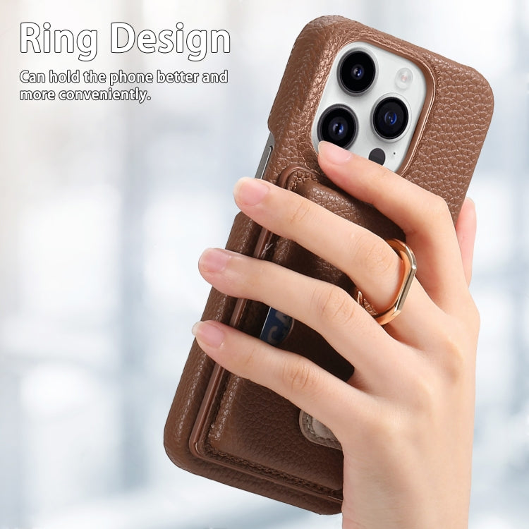 For iPhone 15 Pro Litchi Leather Oil Edge Ring Card Back Phone Case(Brown) - HoMEdemic™ 