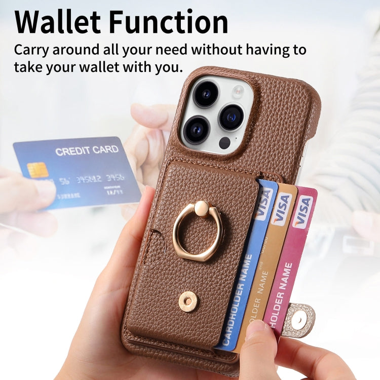 For iPhone 15 Pro Litchi Leather Oil Edge Ring Card Back Phone Case(Brown) - HoMEdemic™ 