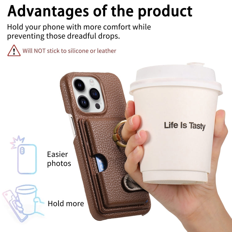 For iPhone 15 Pro Litchi Leather Oil Edge Ring Card Back Phone Case(Brown) - HoMEdemic™ 