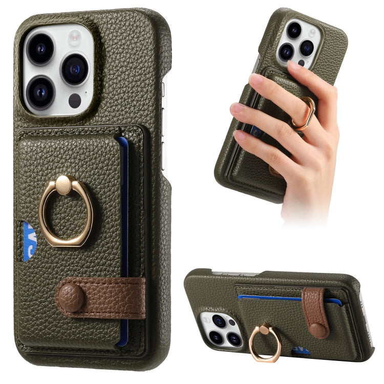 For iPhone 15 Pro Litchi Leather Oil Edge Ring Card Back Phone Case(Green) - HoMEdemic™ 