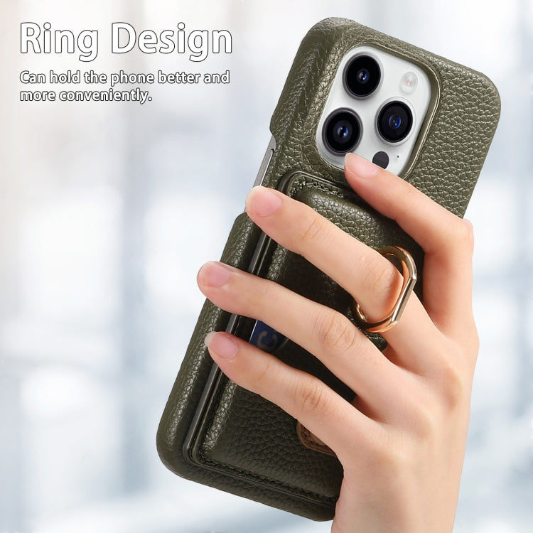 For iPhone 15 Pro Litchi Leather Oil Edge Ring Card Back Phone Case(Green) - HoMEdemic™ 