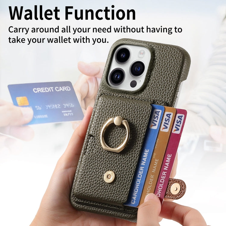 For iPhone 15 Pro Litchi Leather Oil Edge Ring Card Back Phone Case(Green) - HoMEdemic™ 