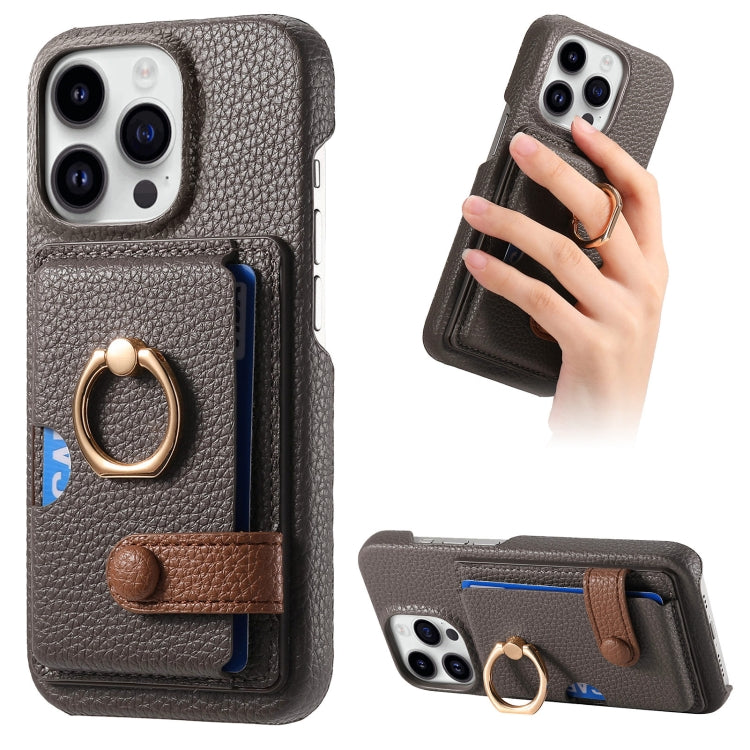 For iPhone 15 Pro Litchi Leather Oil Edge Ring Card Back Phone Case(Grey) - HoMEdemic™ 