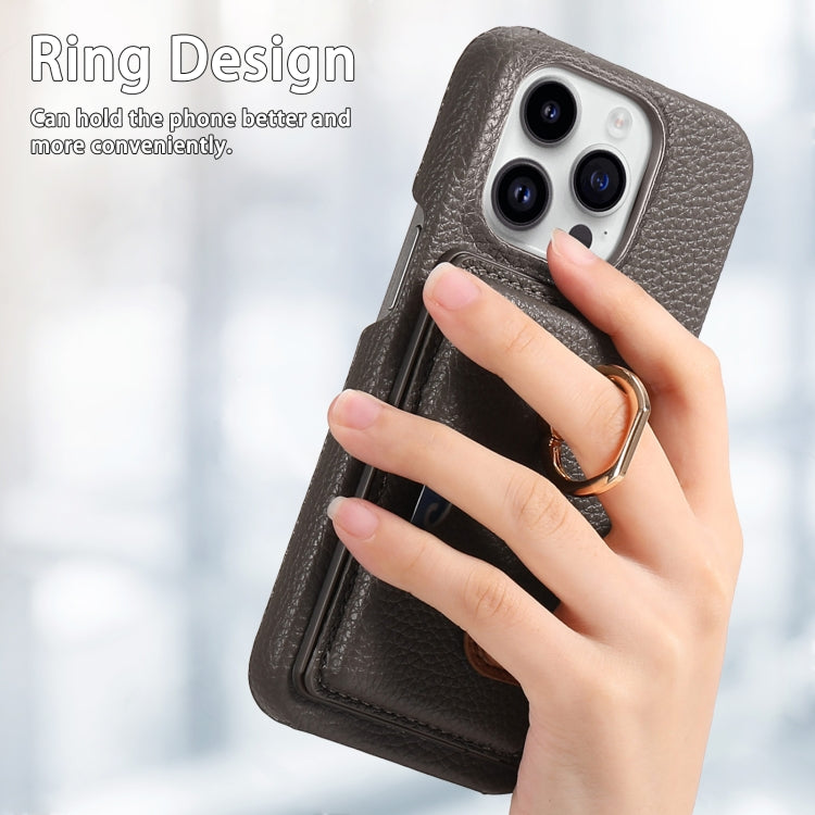 For iPhone 15 Pro Litchi Leather Oil Edge Ring Card Back Phone Case(Grey) - HoMEdemic™ 
