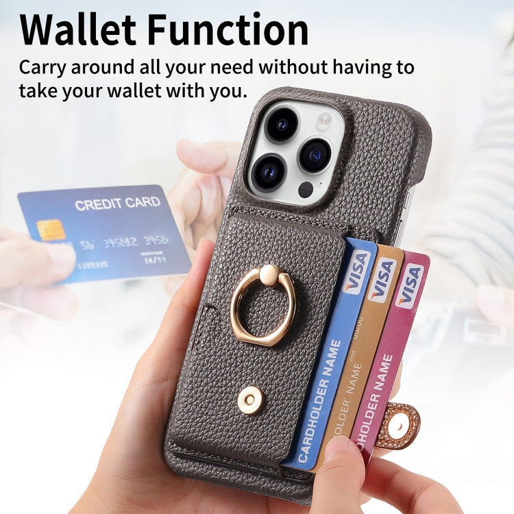For iPhone 15 Pro Litchi Leather Oil Edge Ring Card Back Phone Case(Grey) - HoMEdemic™ 