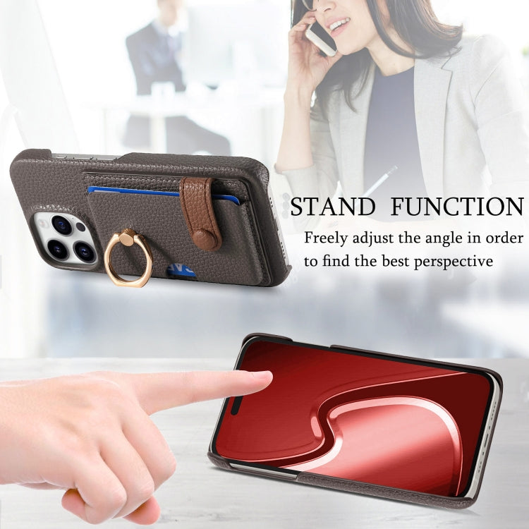 For iPhone 15 Pro Litchi Leather Oil Edge Ring Card Back Phone Case(Grey) - HoMEdemic™ 