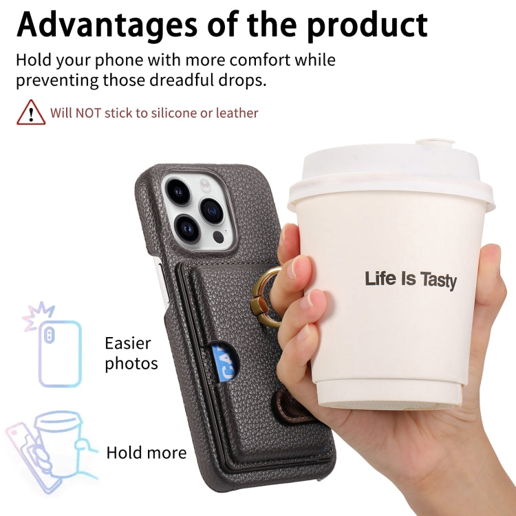 For iPhone 15 Pro Litchi Leather Oil Edge Ring Card Back Phone Case(Grey) - HoMEdemic™ 