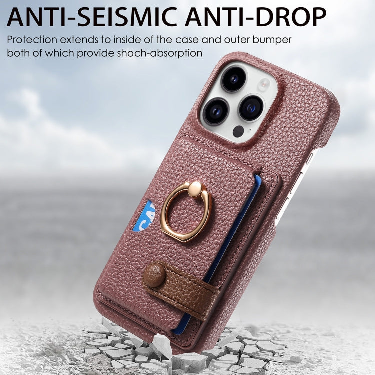 For iPhone 15 Pro Litchi Leather Oil Edge Ring Card Back Phone Case(Jujube apricot) - HoMEdemic™ 