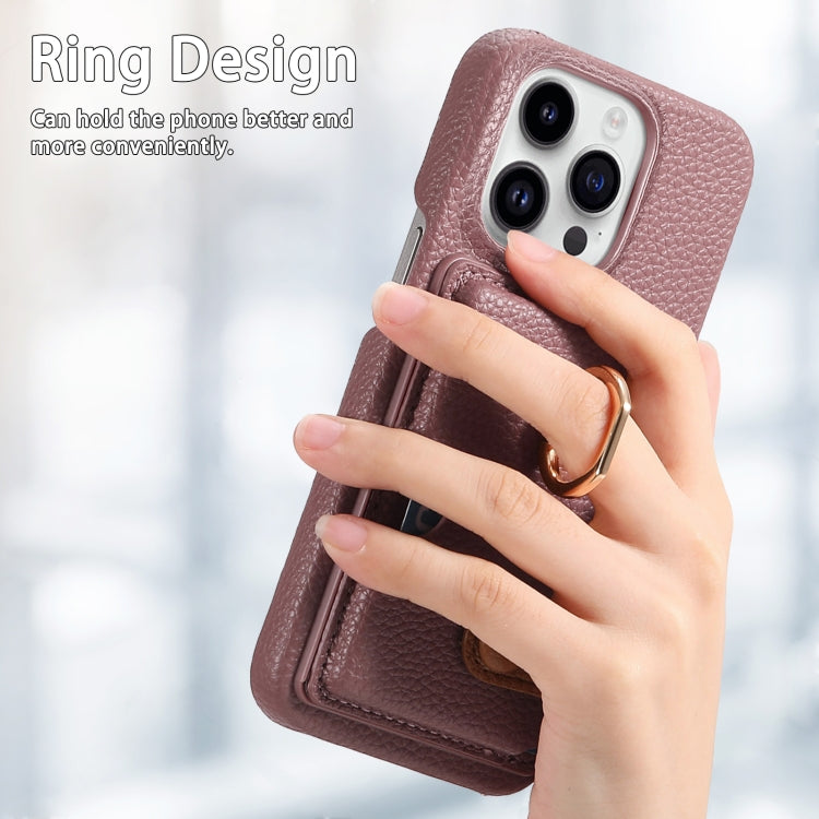 For iPhone 15 Pro Litchi Leather Oil Edge Ring Card Back Phone Case(Jujube apricot) - HoMEdemic™ 