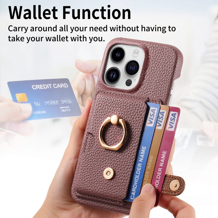 For iPhone 15 Pro Litchi Leather Oil Edge Ring Card Back Phone Case(Jujube apricot) - HoMEdemic™ 