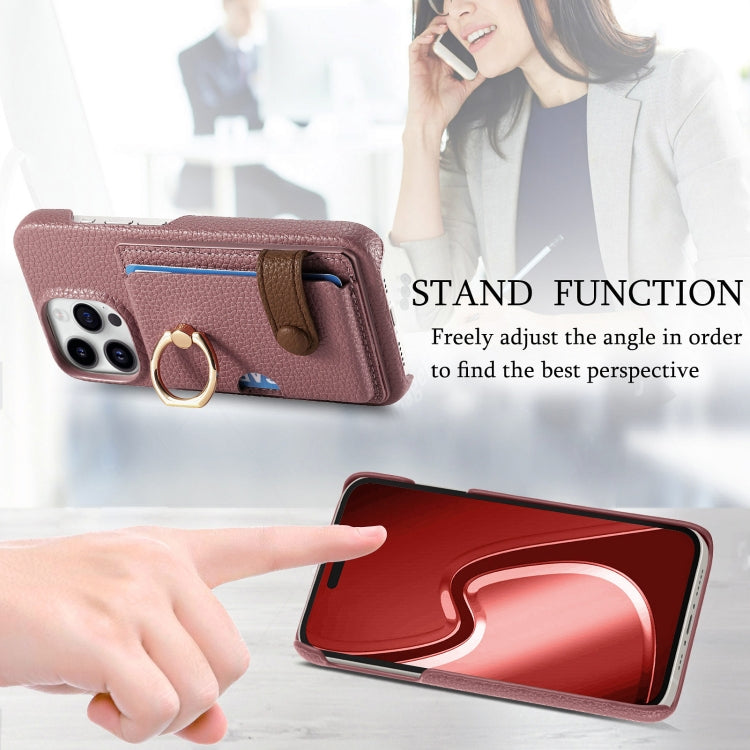 For iPhone 15 Pro Litchi Leather Oil Edge Ring Card Back Phone Case(Jujube apricot) - HoMEdemic™ 
