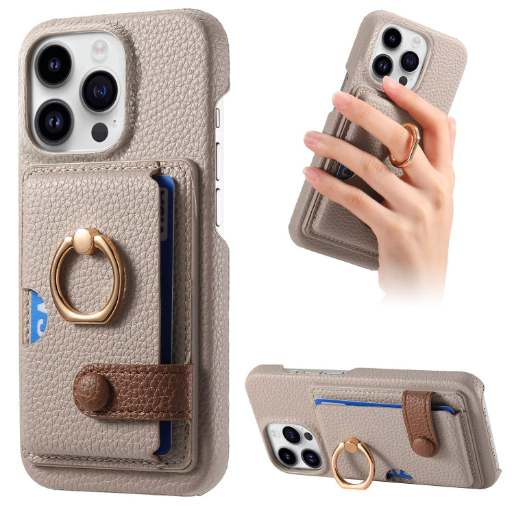 For iPhone 15 Pro Litchi Leather Oil Edge Ring Card Back Phone Case(Khaki) - HoMEdemic™ 