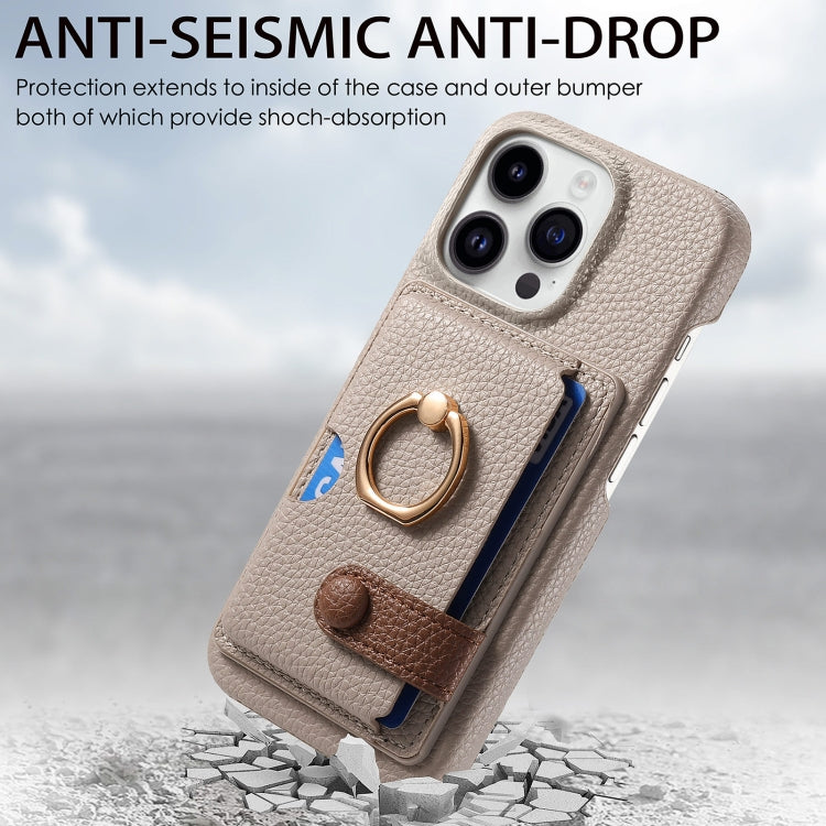 For iPhone 15 Pro Litchi Leather Oil Edge Ring Card Back Phone Case(Khaki) - HoMEdemic™ 