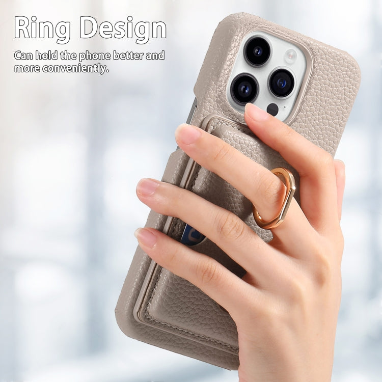 For iPhone 15 Pro Litchi Leather Oil Edge Ring Card Back Phone Case(Khaki) - HoMEdemic™ 