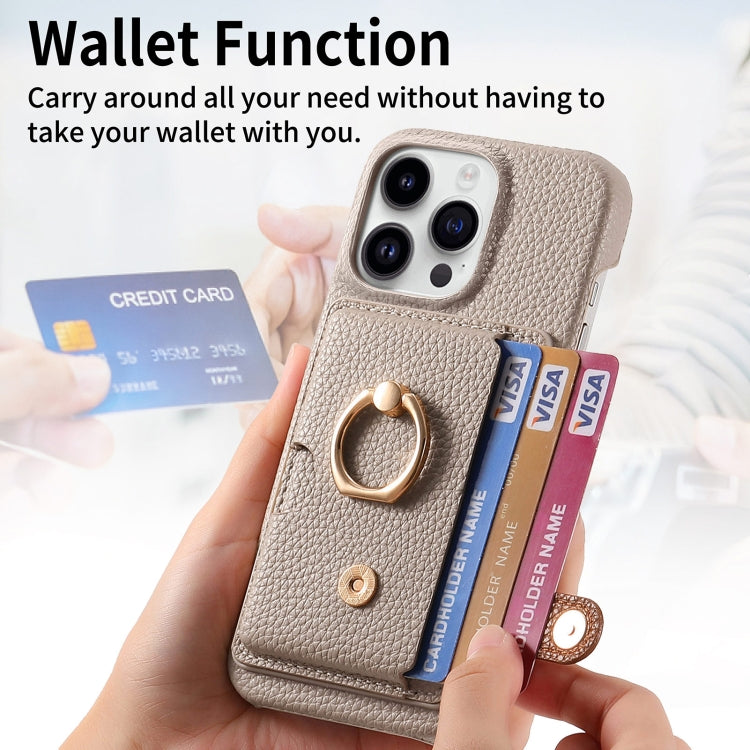 For iPhone 15 Pro Litchi Leather Oil Edge Ring Card Back Phone Case(Khaki) - HoMEdemic™ 