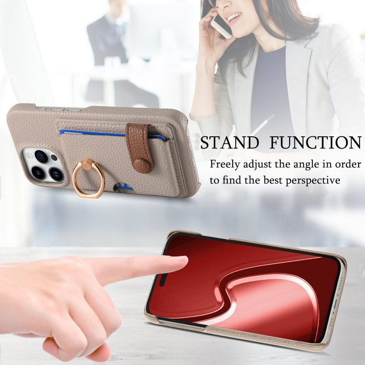 For iPhone 15 Pro Litchi Leather Oil Edge Ring Card Back Phone Case(Khaki) - HoMEdemic™ 