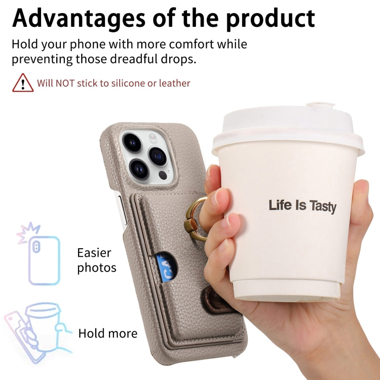 For iPhone 15 Pro Litchi Leather Oil Edge Ring Card Back Phone Case(Khaki) - HoMEdemic™ 
