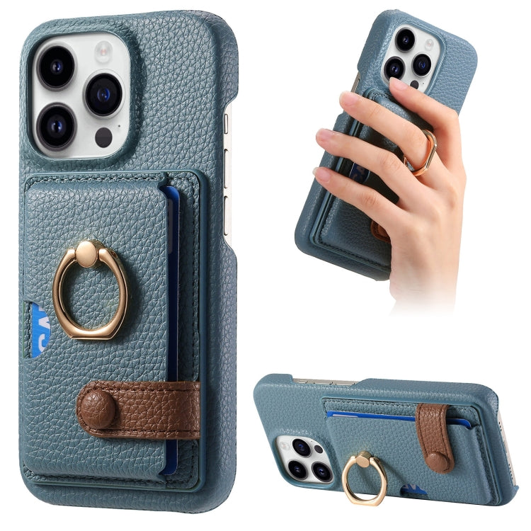 For iPhone 15 Pro Litchi Leather Oil Edge Ring Card Back Phone Case(Light blue) - HoMEdemic™ 