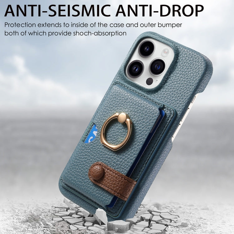 For iPhone 15 Pro Litchi Leather Oil Edge Ring Card Back Phone Case(Light blue) - HoMEdemic™ 