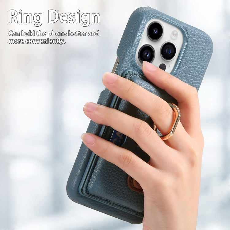 For iPhone 15 Pro Litchi Leather Oil Edge Ring Card Back Phone Case(Light blue) - HoMEdemic™ 
