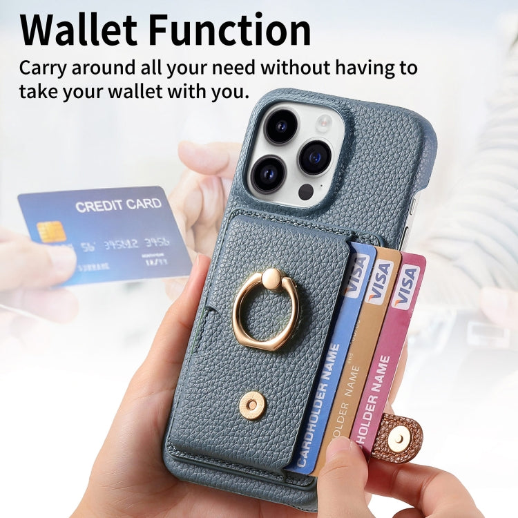 For iPhone 15 Pro Litchi Leather Oil Edge Ring Card Back Phone Case(Light blue) - HoMEdemic™ 