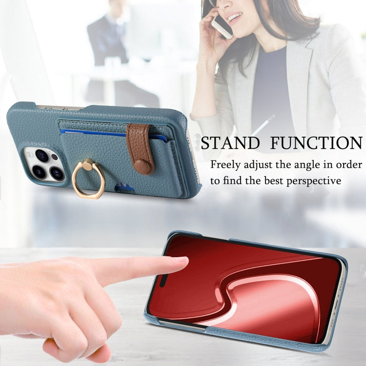 For iPhone 15 Pro Litchi Leather Oil Edge Ring Card Back Phone Case(Light blue) - HoMEdemic™ 