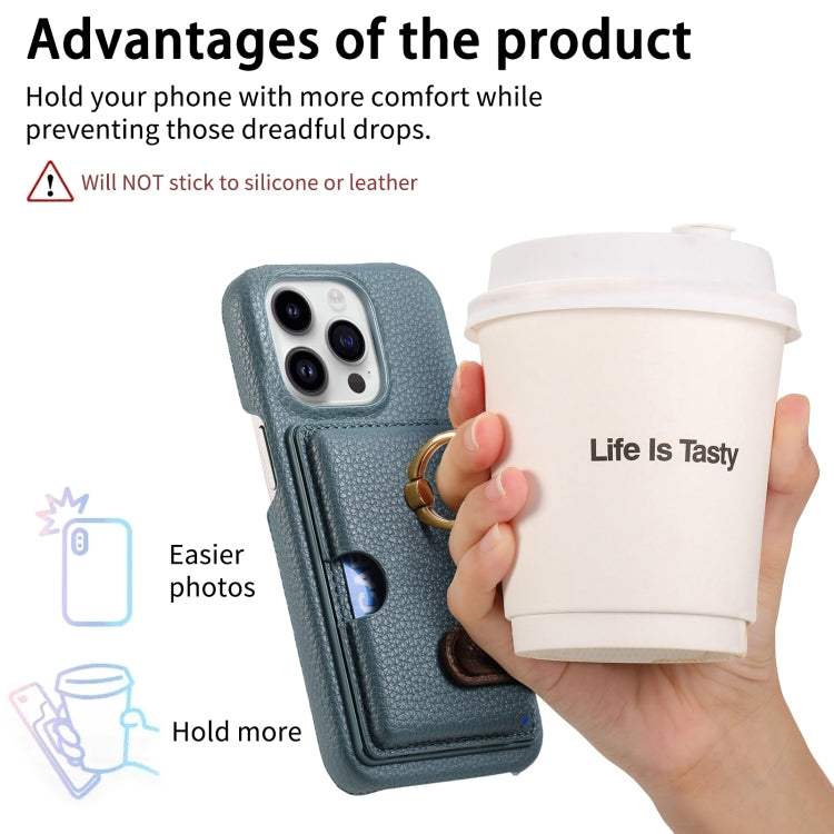 For iPhone 15 Pro Litchi Leather Oil Edge Ring Card Back Phone Case(Light blue) - HoMEdemic™ 