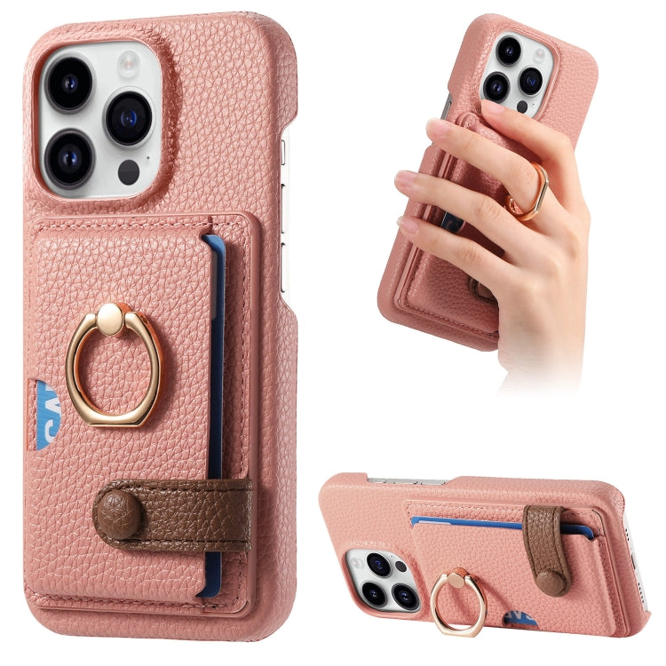 For iPhone 15 Pro Litchi Leather Oil Edge Ring Card Back Phone Case(Pink) - HoMEdemic™ 