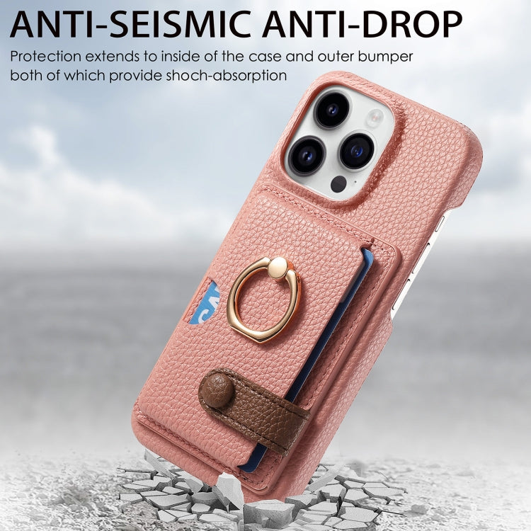 For iPhone 15 Pro Litchi Leather Oil Edge Ring Card Back Phone Case(Pink) - HoMEdemic™ 